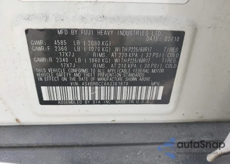 2010 Subaru Outback 2.5I Premium z USA, uszkodzony, nr VIN 4S4BRBCC6A3361874